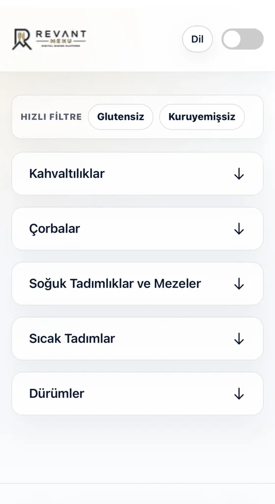 Revant Menu kategori ve filtre ekranı