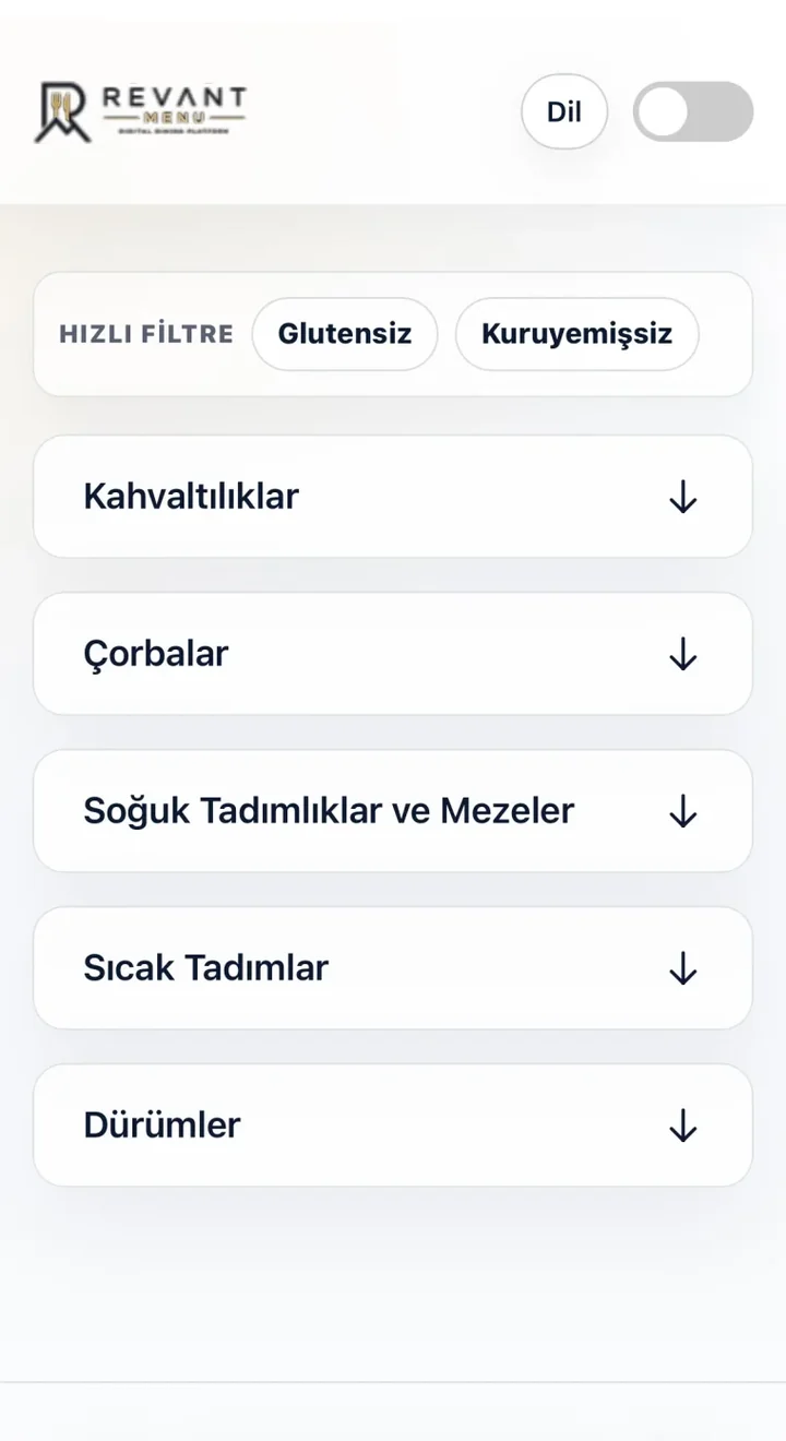 Revant Dijital Menü kategori ve filtre ekranı