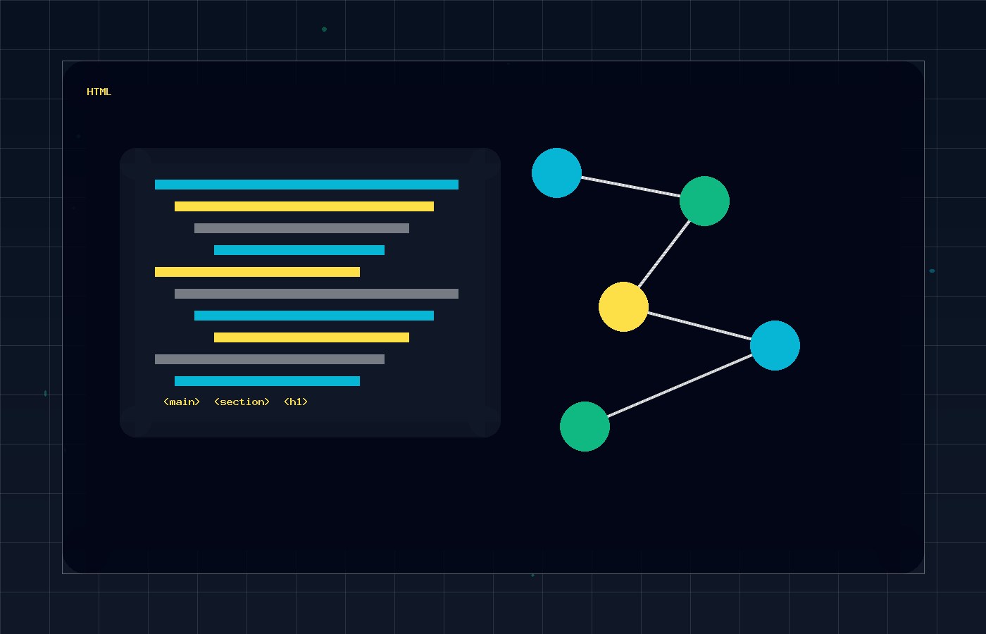 Semantic HTML ve temiz kod yapısını gösteren teknik SEO görseli
