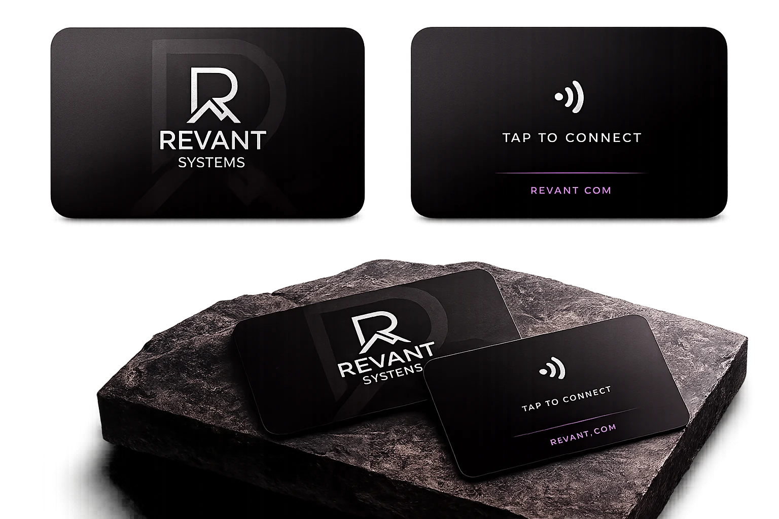 Revant Link NFC kart ön yüz, arka yüz ve mobil profil mockup tasarımı