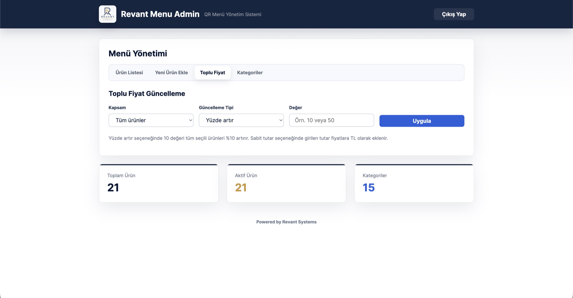 Revant Menu Admin toplu fiyat güncelleme ve kategori istatistikleri ekranı