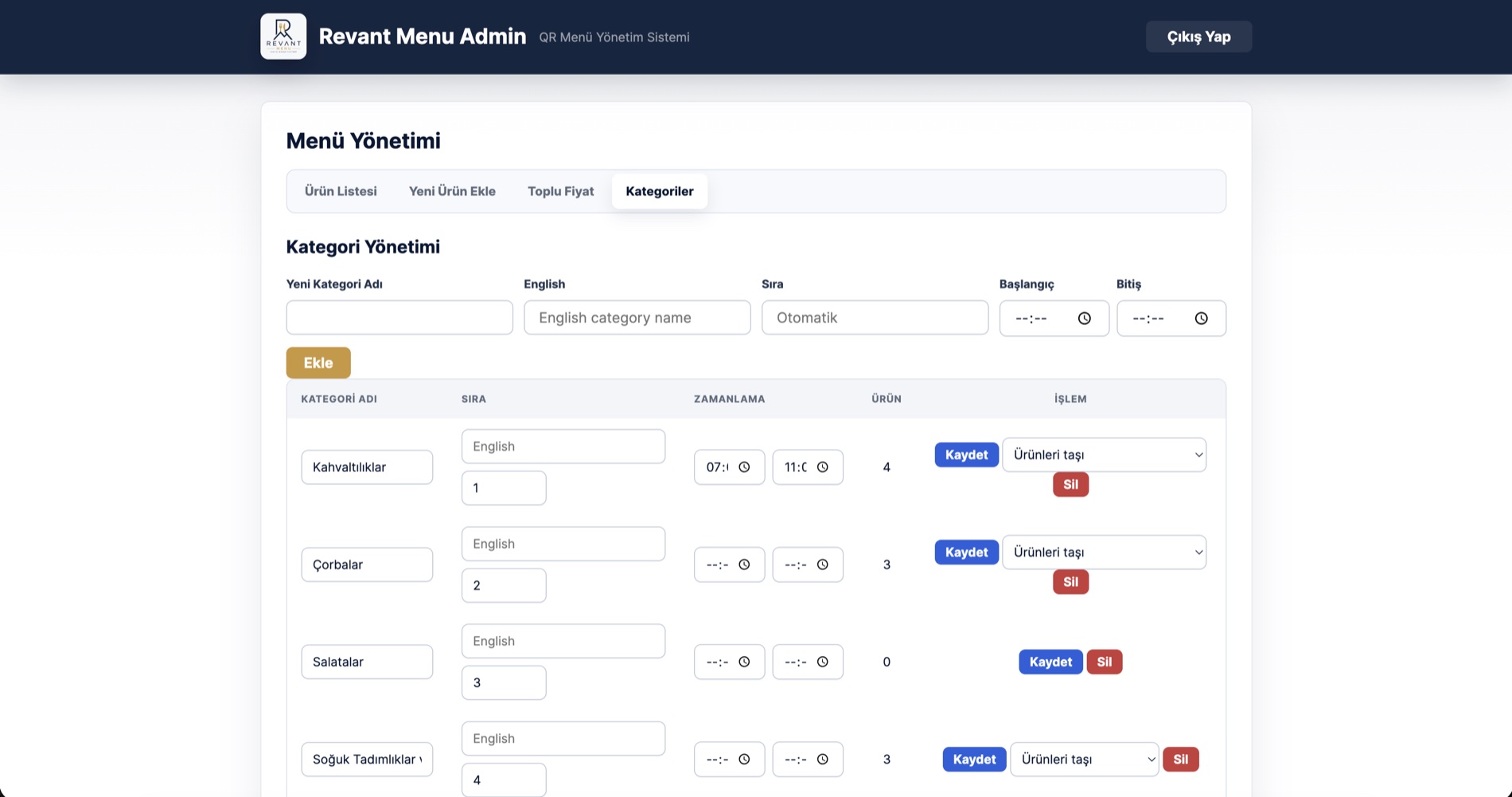 Revant Menu Admin kategori adı, sıra, zamanlama ve ürün taşıma yönetimi ekranı