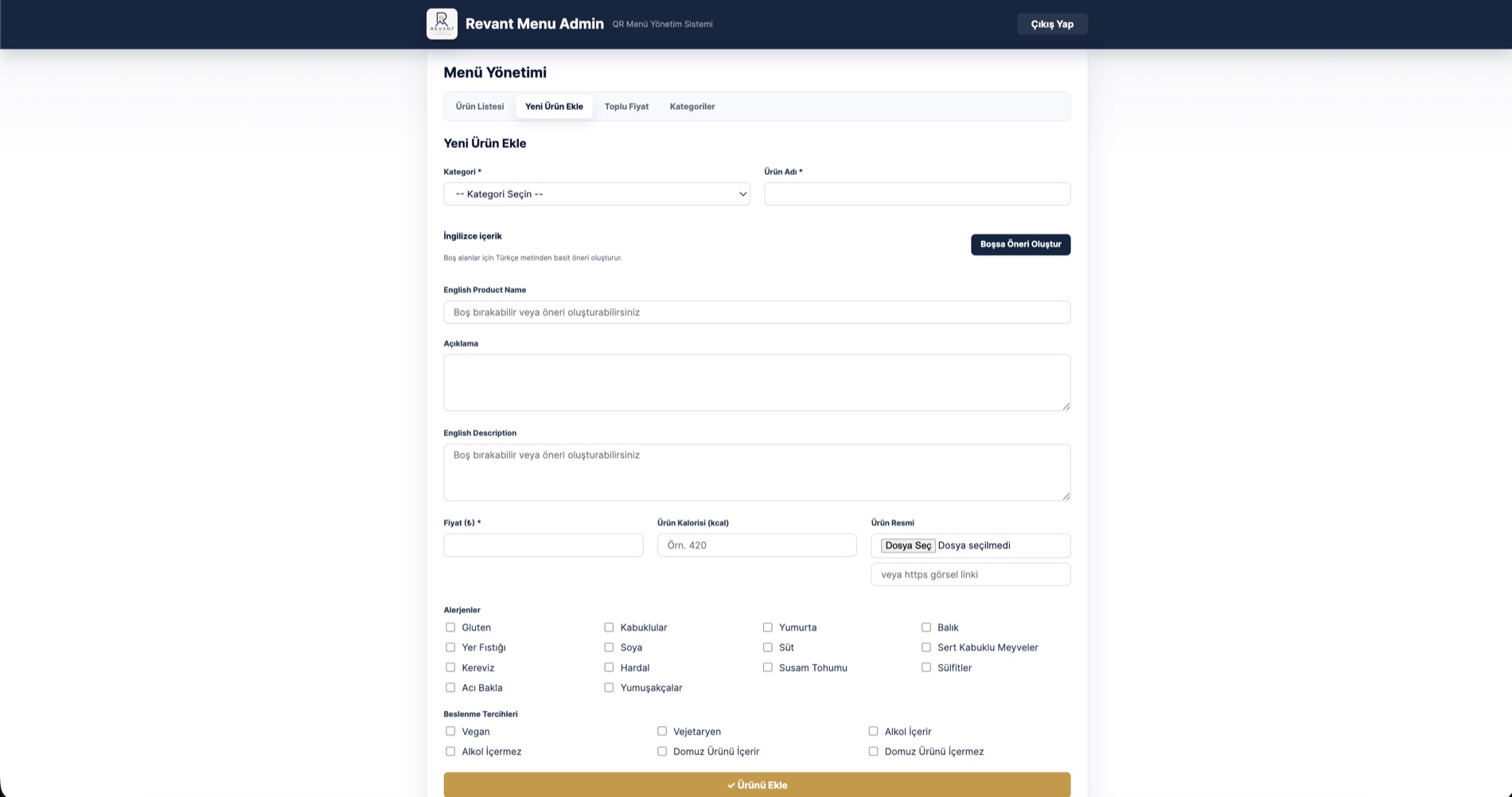 Revant Menu Admin yeni ürün ekleme, İngilizce içerik, alerjen ve görsel alanları ekranı