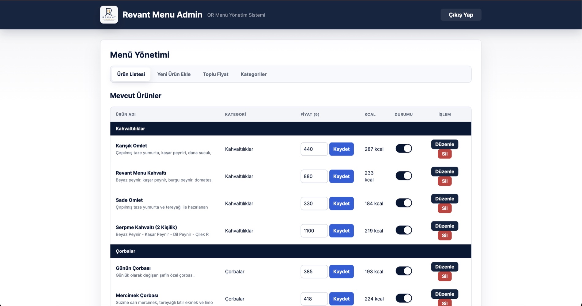 Revant Menu Admin ürün listesi, fiyat, kalori ve durum yönetimi ekranı