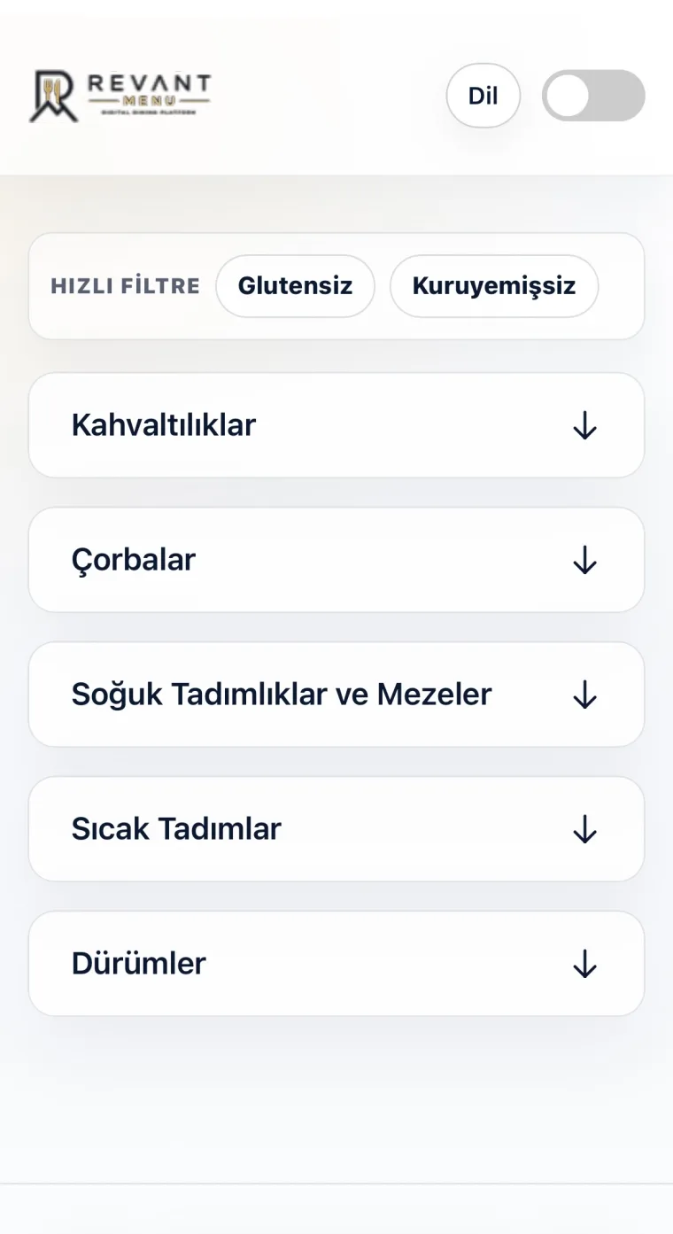 Revant Menu kategori ve hızlı filtre ekranı