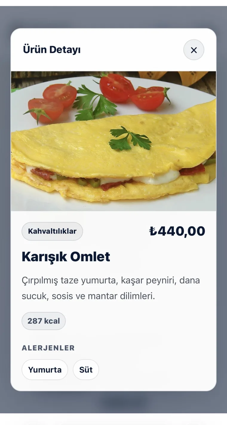 Revant Menu ürün detay ekranı, fiyat, kalori ve alerjen bilgileri