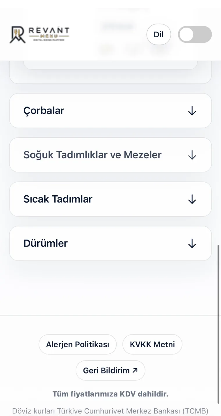 Revant Menu alerjen politikası, KVKK ve geri bildirim bağlantıları