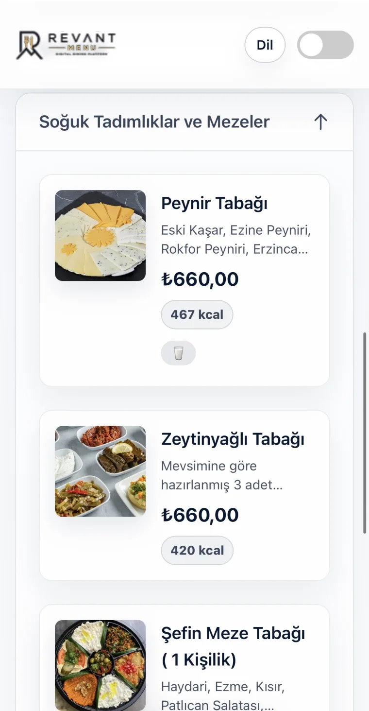 Revant Menu ürün listesi ekranı
