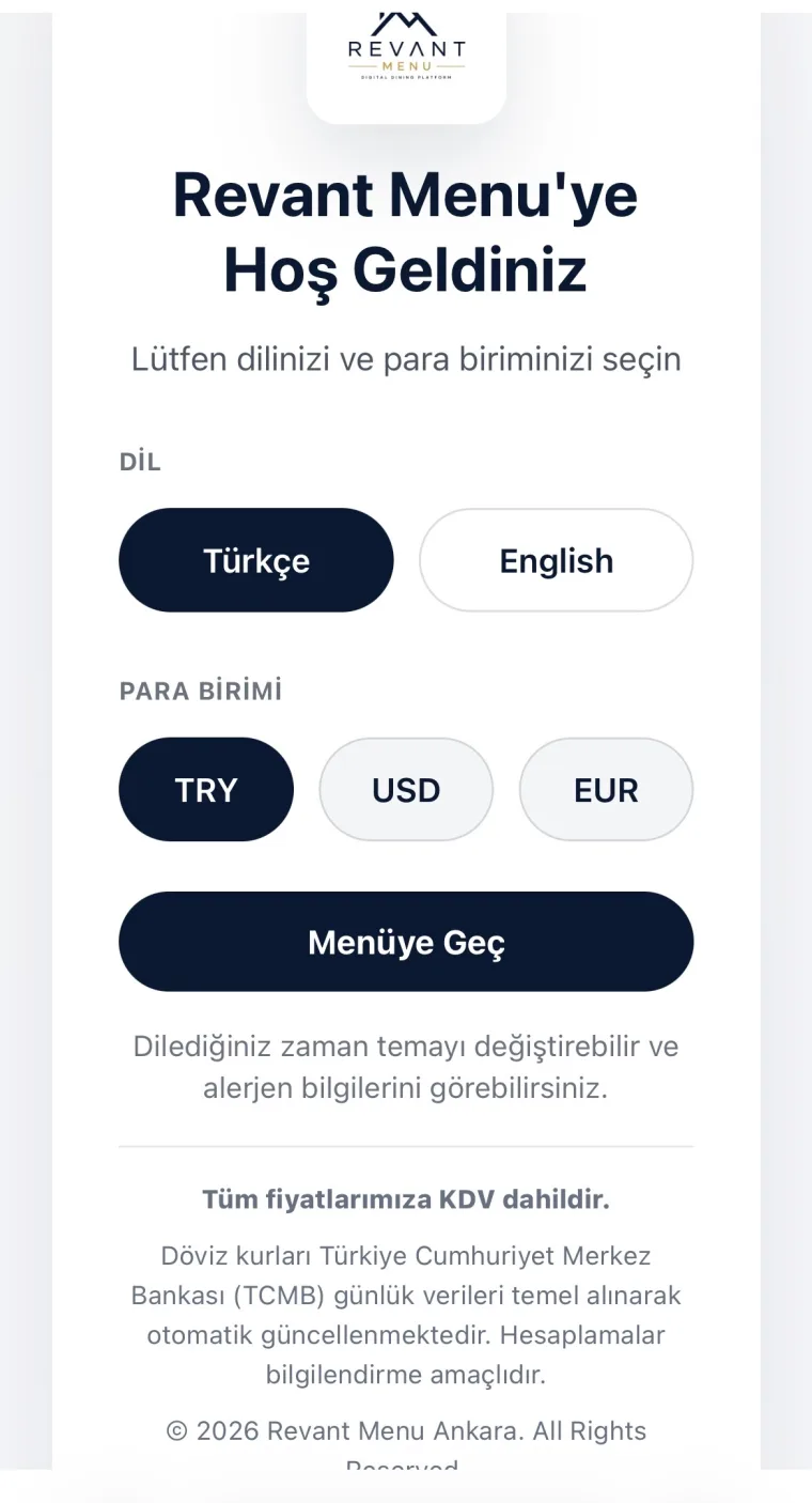 Revant Menu dil ve para birimi seçim ekranı