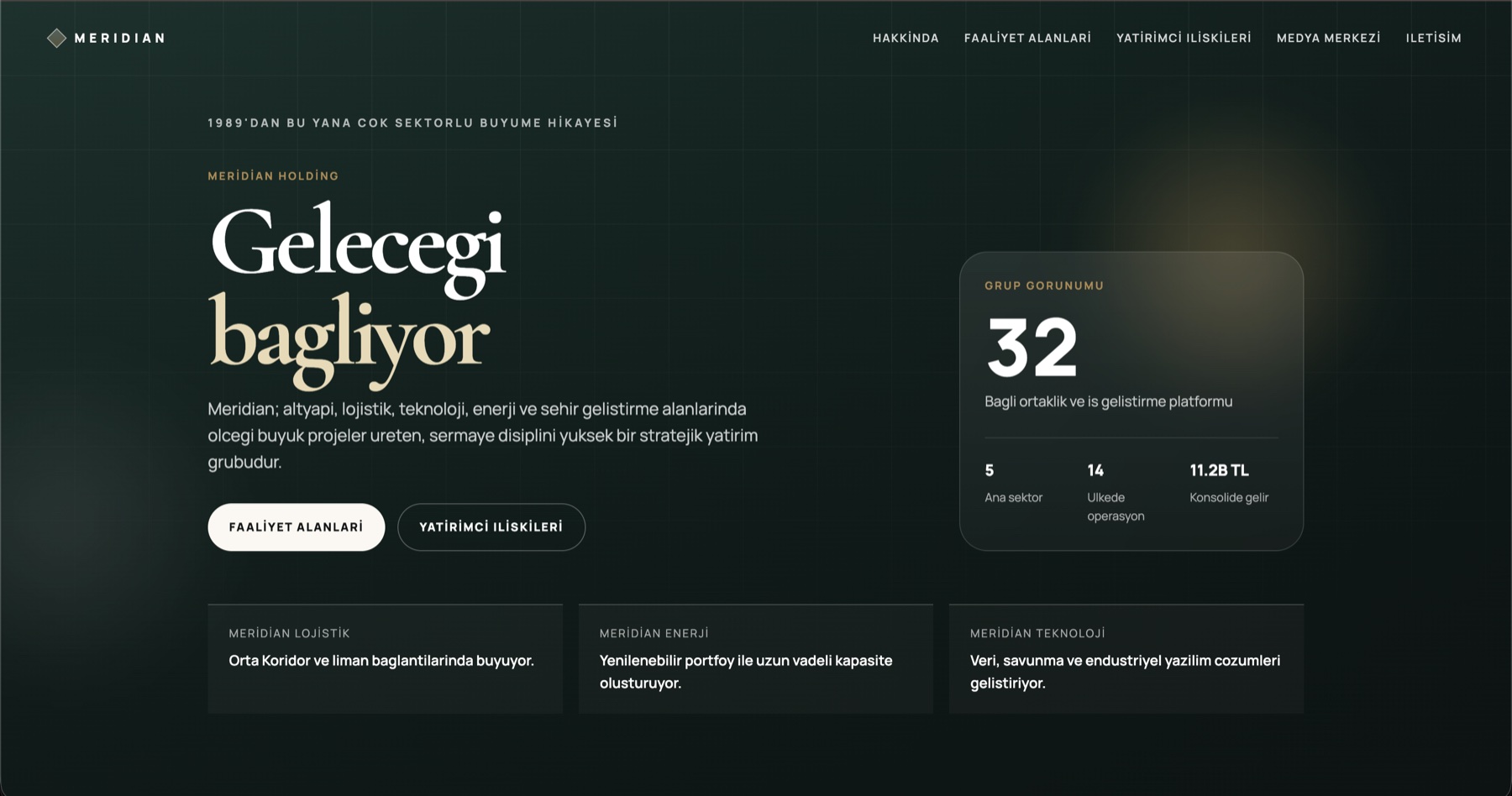 Meridian Holding kurumsal web sitesi konsept tasarımı